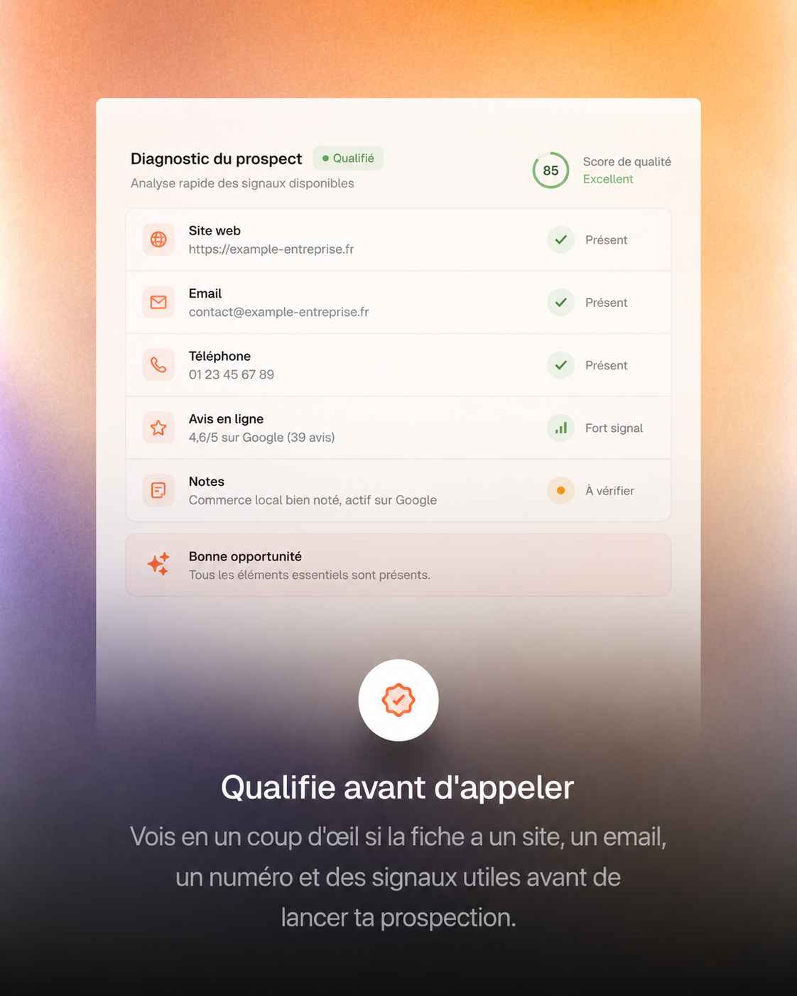 Aperçu LocalScope pour qualifier un prospect avant d’appeler.